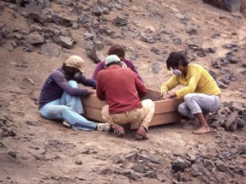 Screening for artifacts on the terraces at the archaeological site of Cerro Azul, Peru. Photo courtesy of Joyce Marcus. 